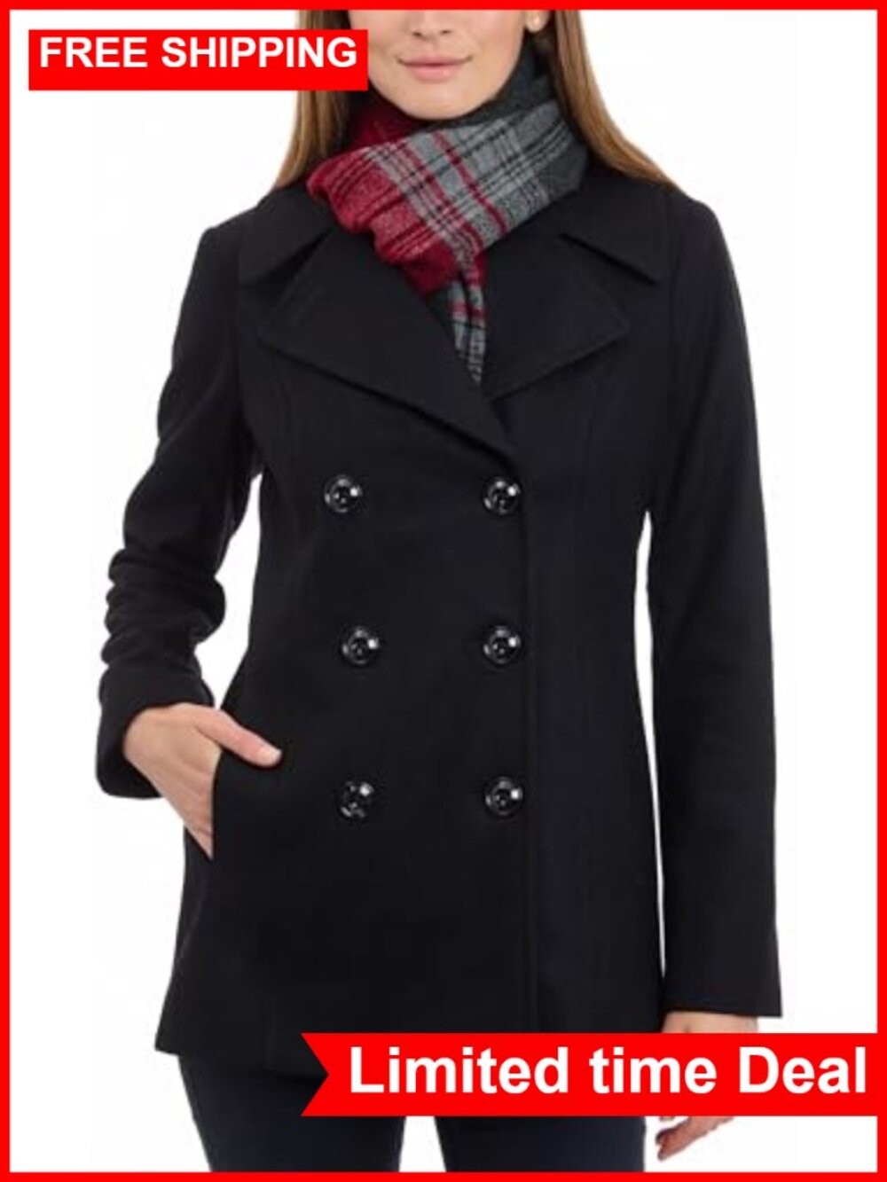 Double Breasted Peacoat with Scarf Wool Blend Winter Coat